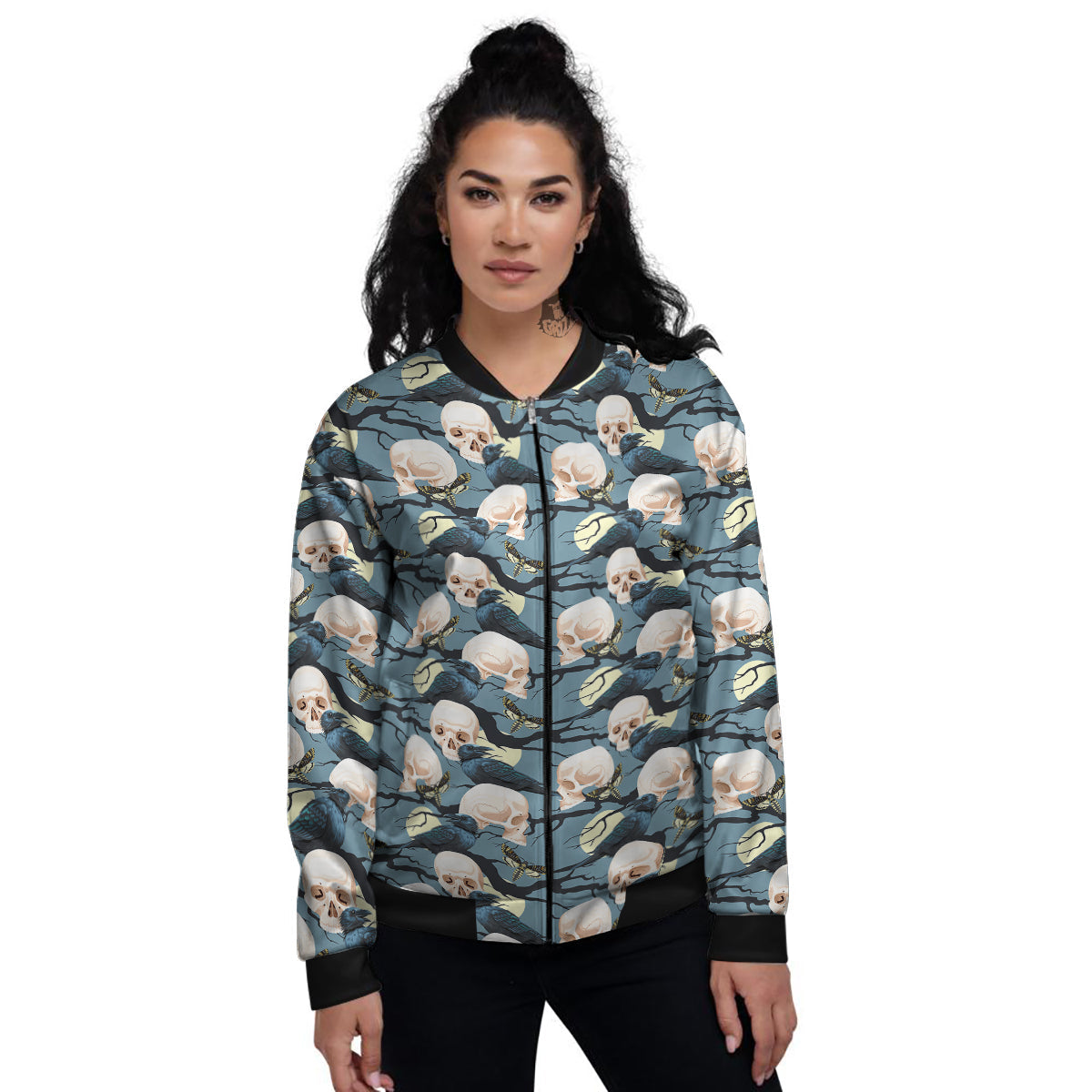 Raven Skull Print Pattern Women's Bomber Jacket-grizzshop