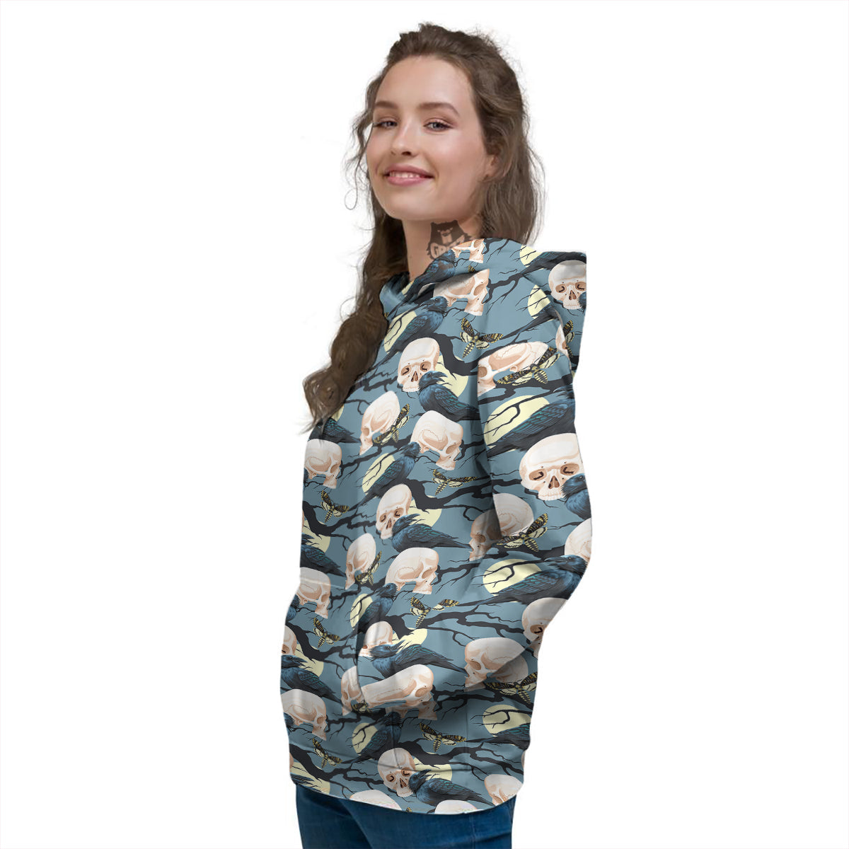 Raven Skull Print Pattern Women's Hoodie-grizzshop