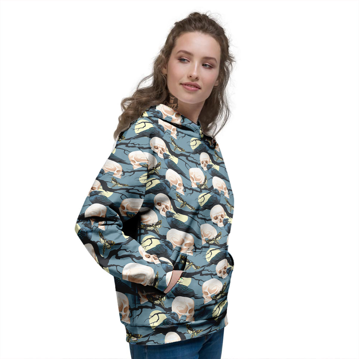 Raven Skull Print Pattern Women's Hoodie-grizzshop