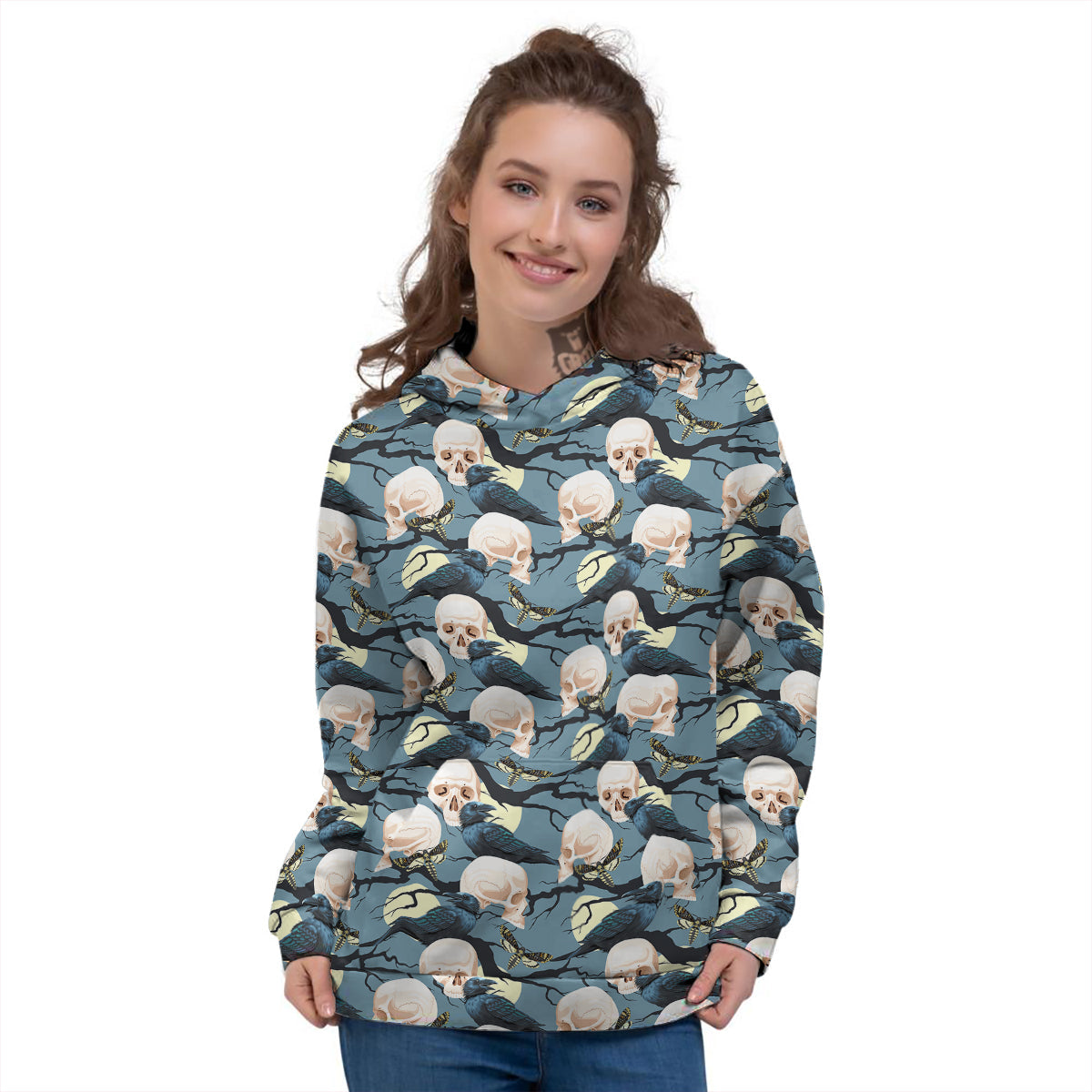 Raven Skull Print Pattern Women's Hoodie-grizzshop