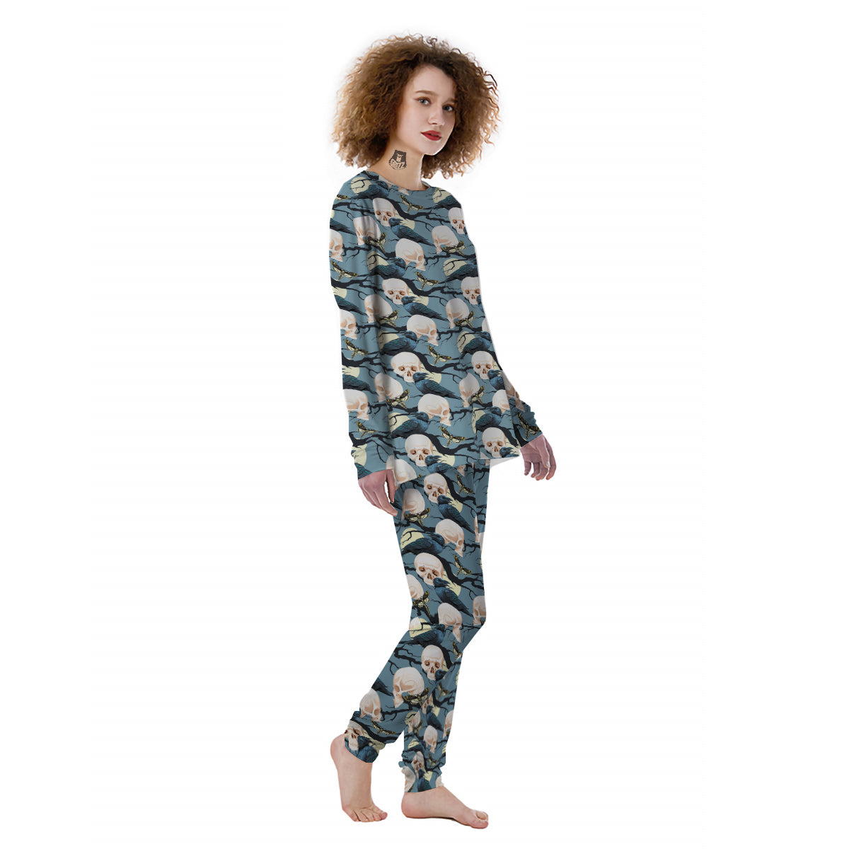 Raven Skull Print Pattern Women's Pajamas-grizzshop