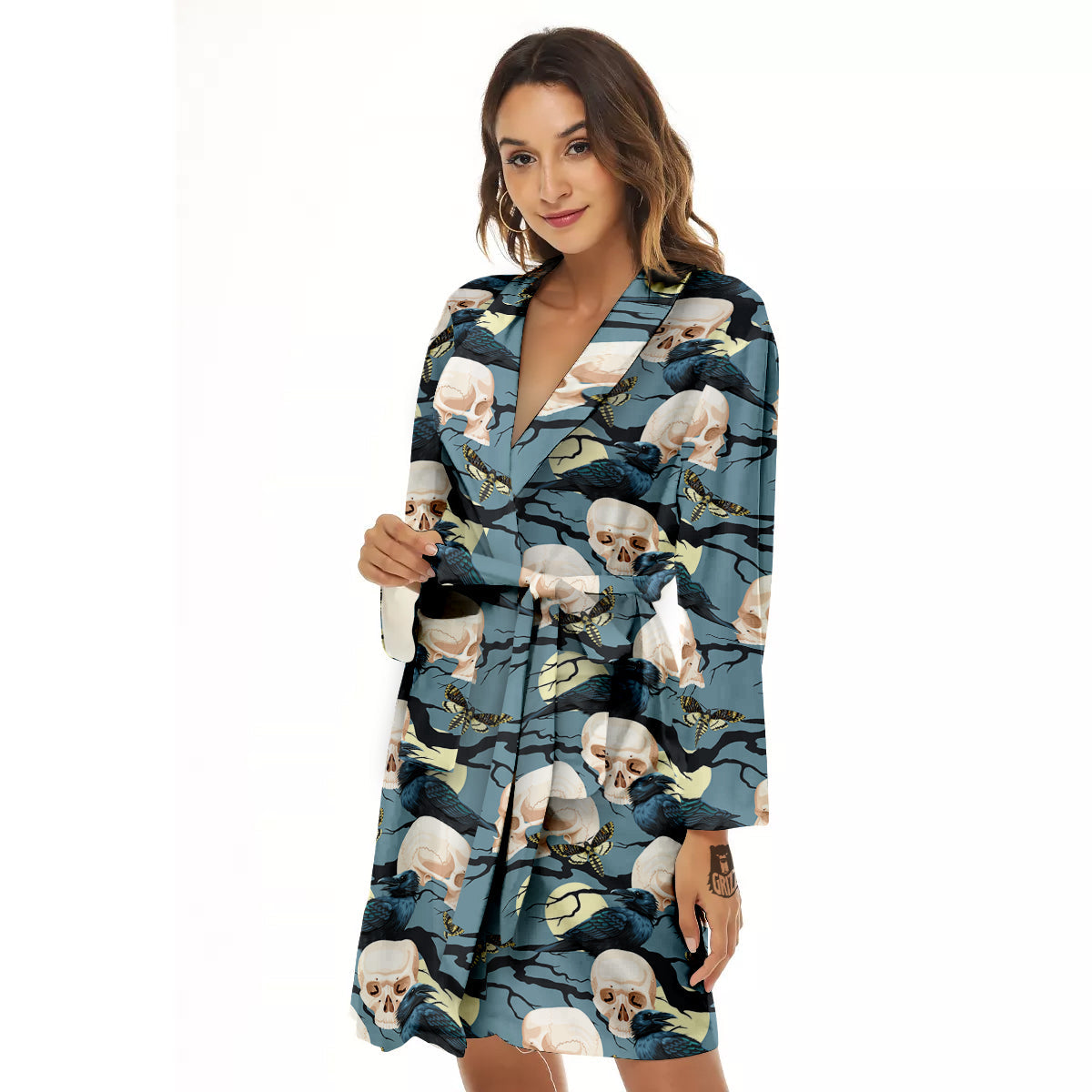 Raven Skull Print Pattern Women's Robe-grizzshop