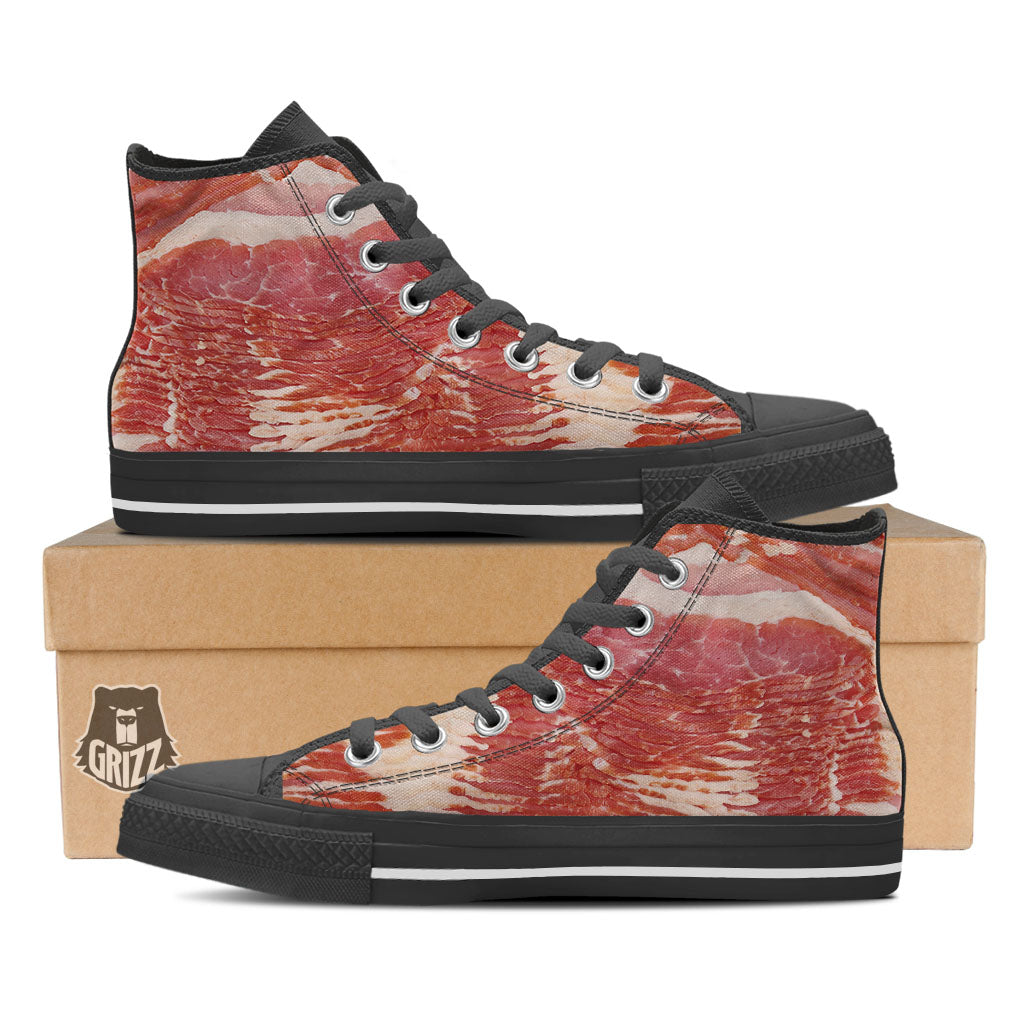 Raw Bacon Print Black High Top Shoes-grizzshop