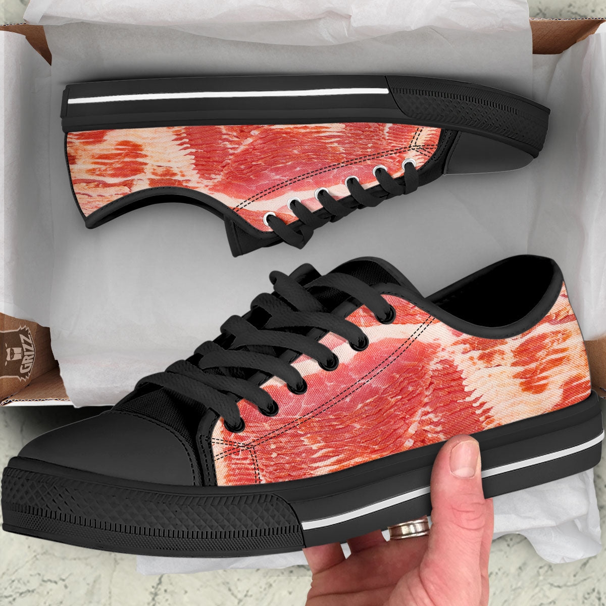 Raw Bacon Print Black Low Top Shoes-grizzshop