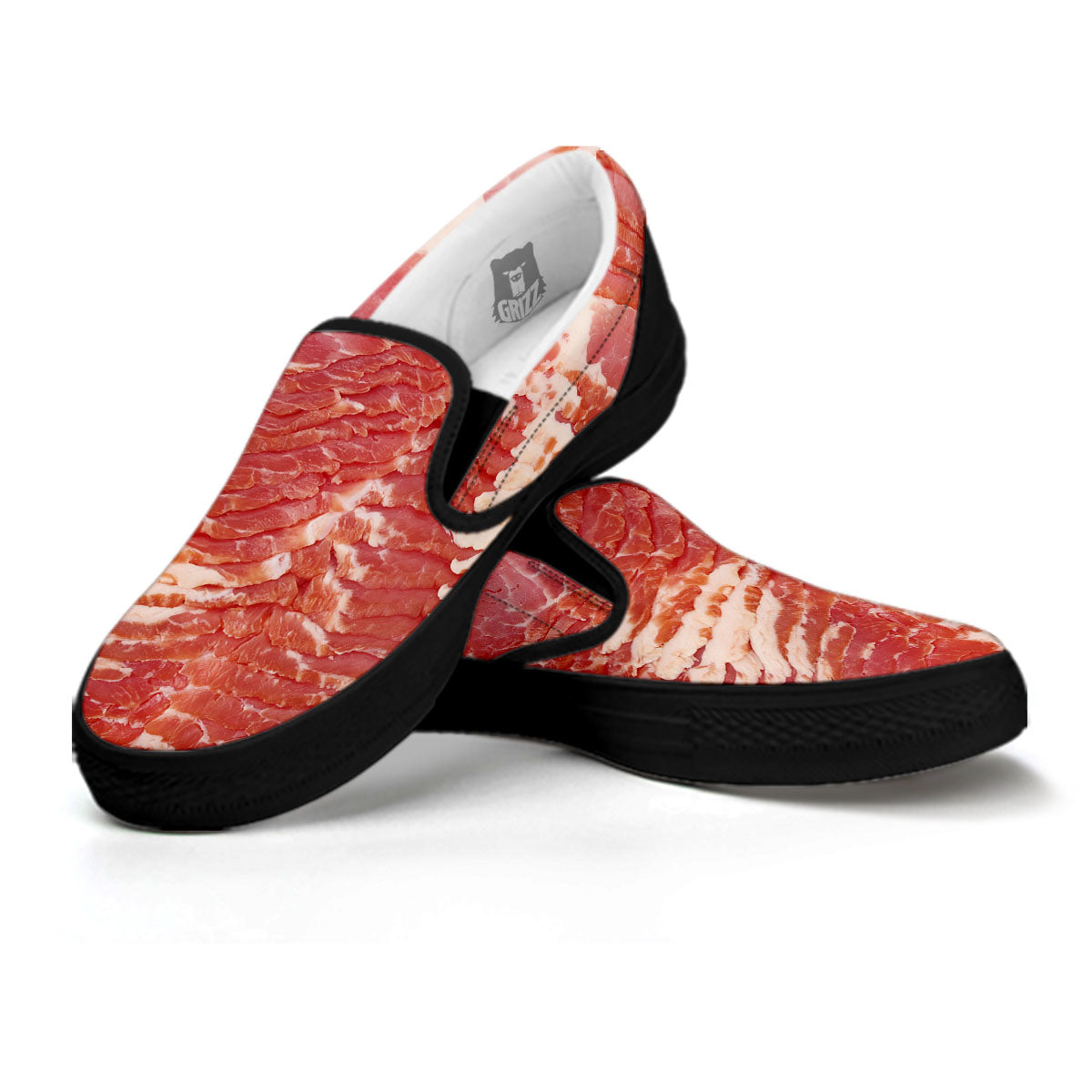 Raw Bacon Print Black Slip On Shoes-grizzshop