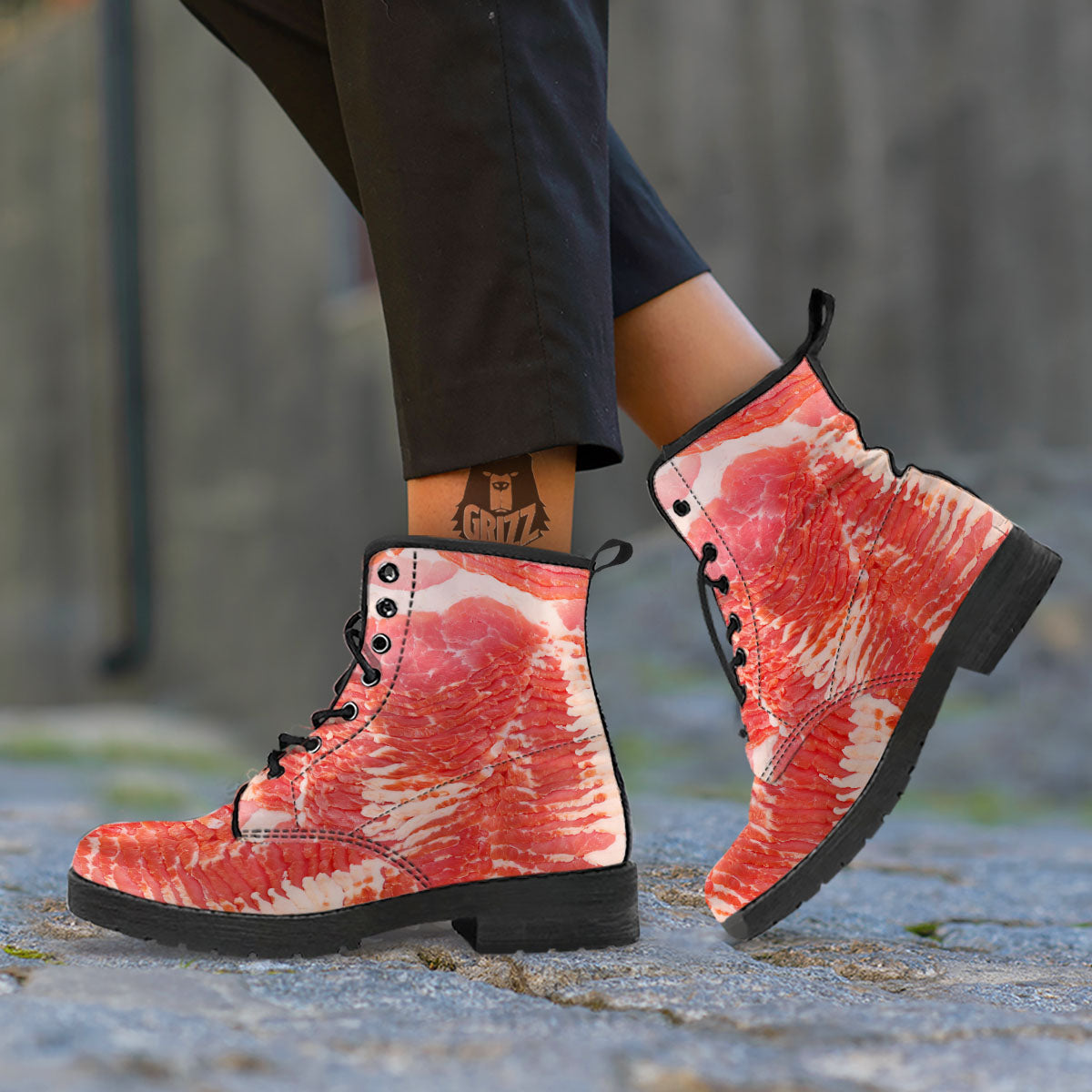 Raw Bacon Print Leather Boots-grizzshop
