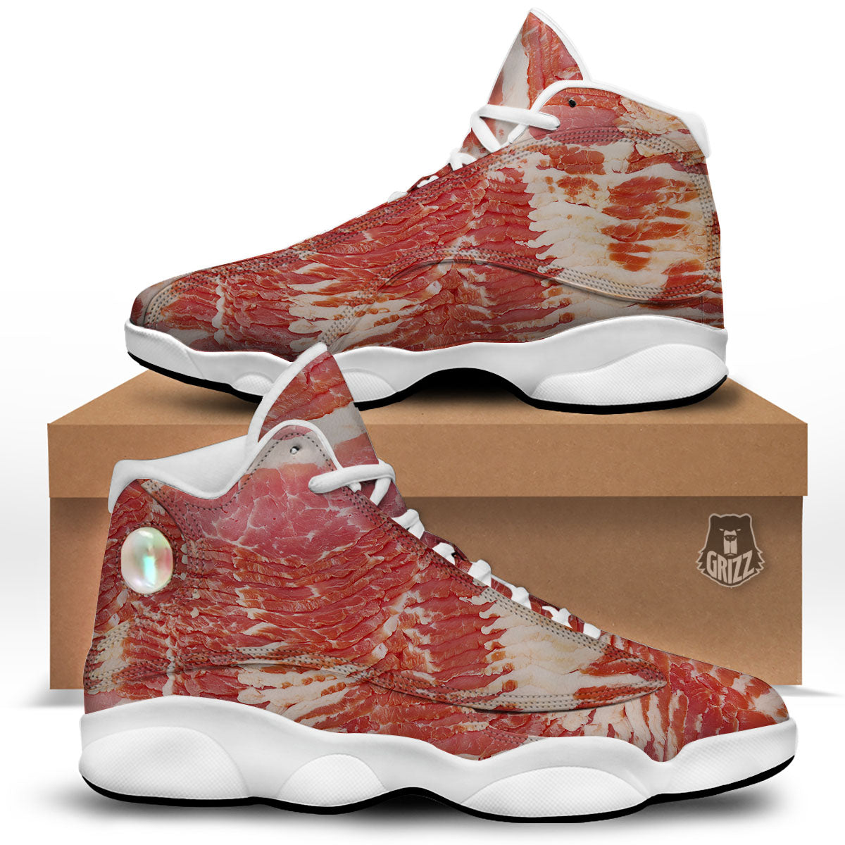 Raw Bacon Print White Basketball Shoes-grizzshop
