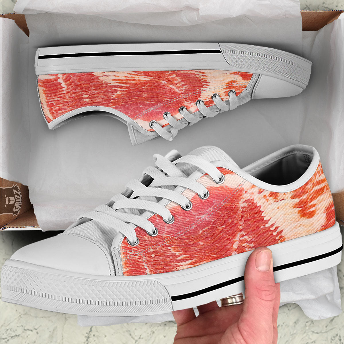 Raw Bacon Print White Low Top Shoes-grizzshop