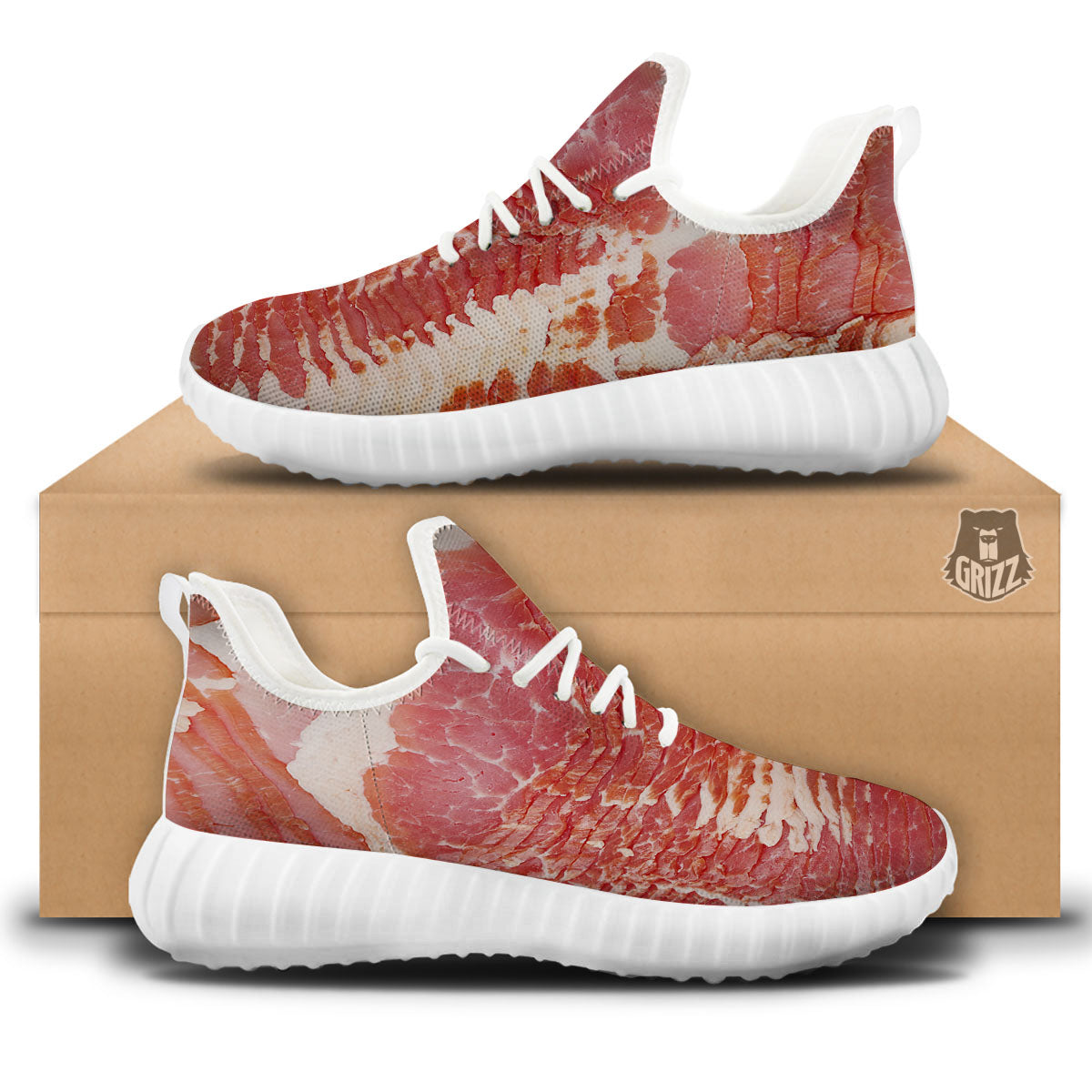 Raw Bacon Print White Walking Shoes-grizzshop