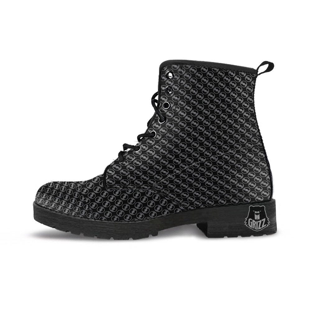 Record Black Vinyl Print Pattern Leather Boots-grizzshop