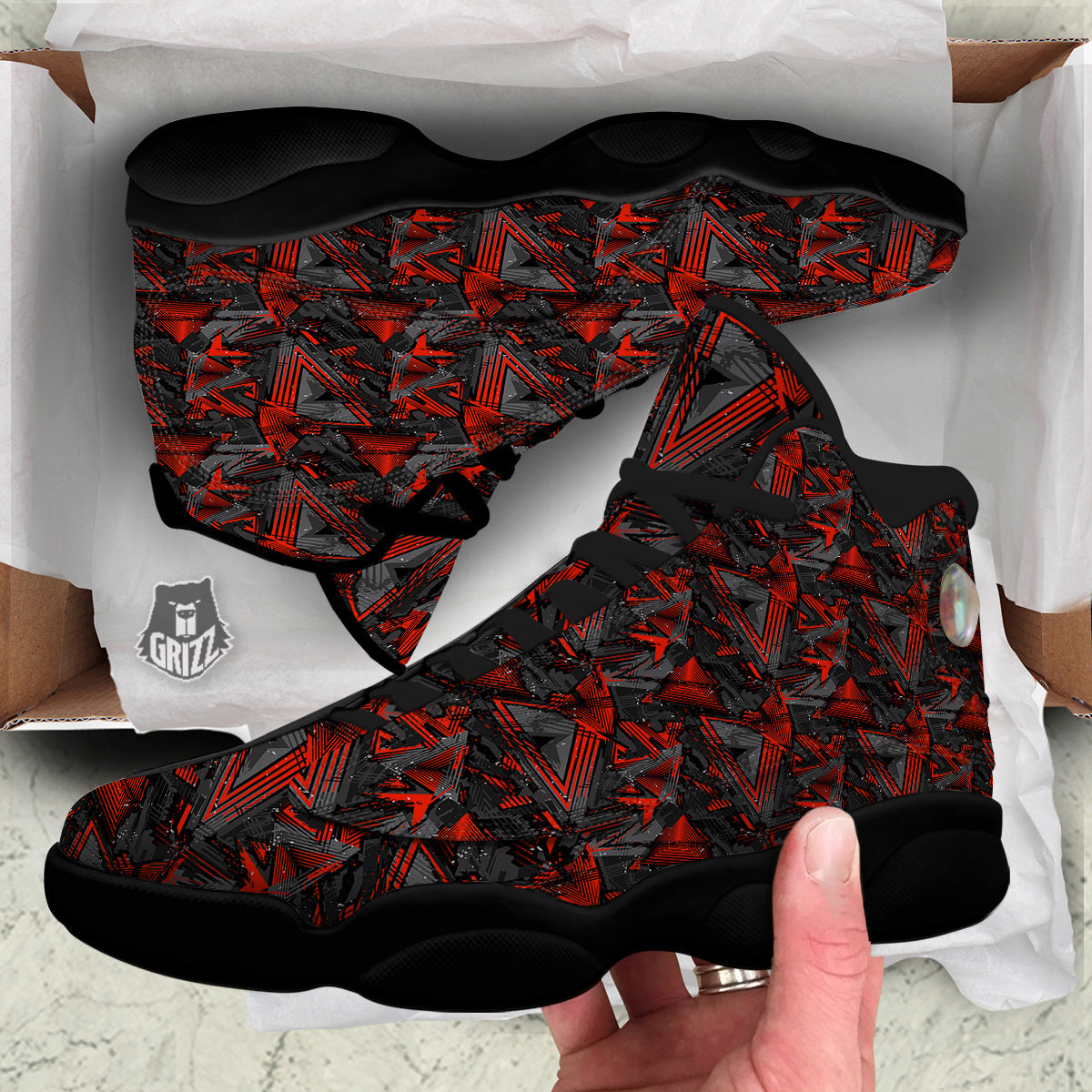 Red Abstract Grunge Print Pattern Black Basketball Shoes-grizzshop