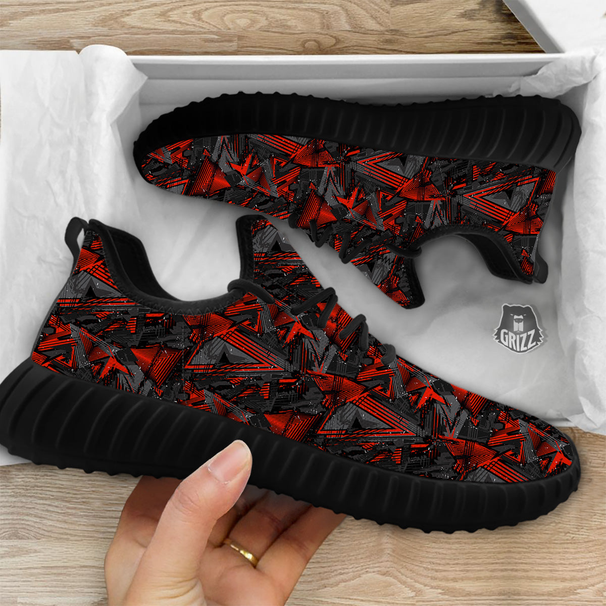 Red Abstract Grunge Print Pattern Black Walking Shoes-grizzshop