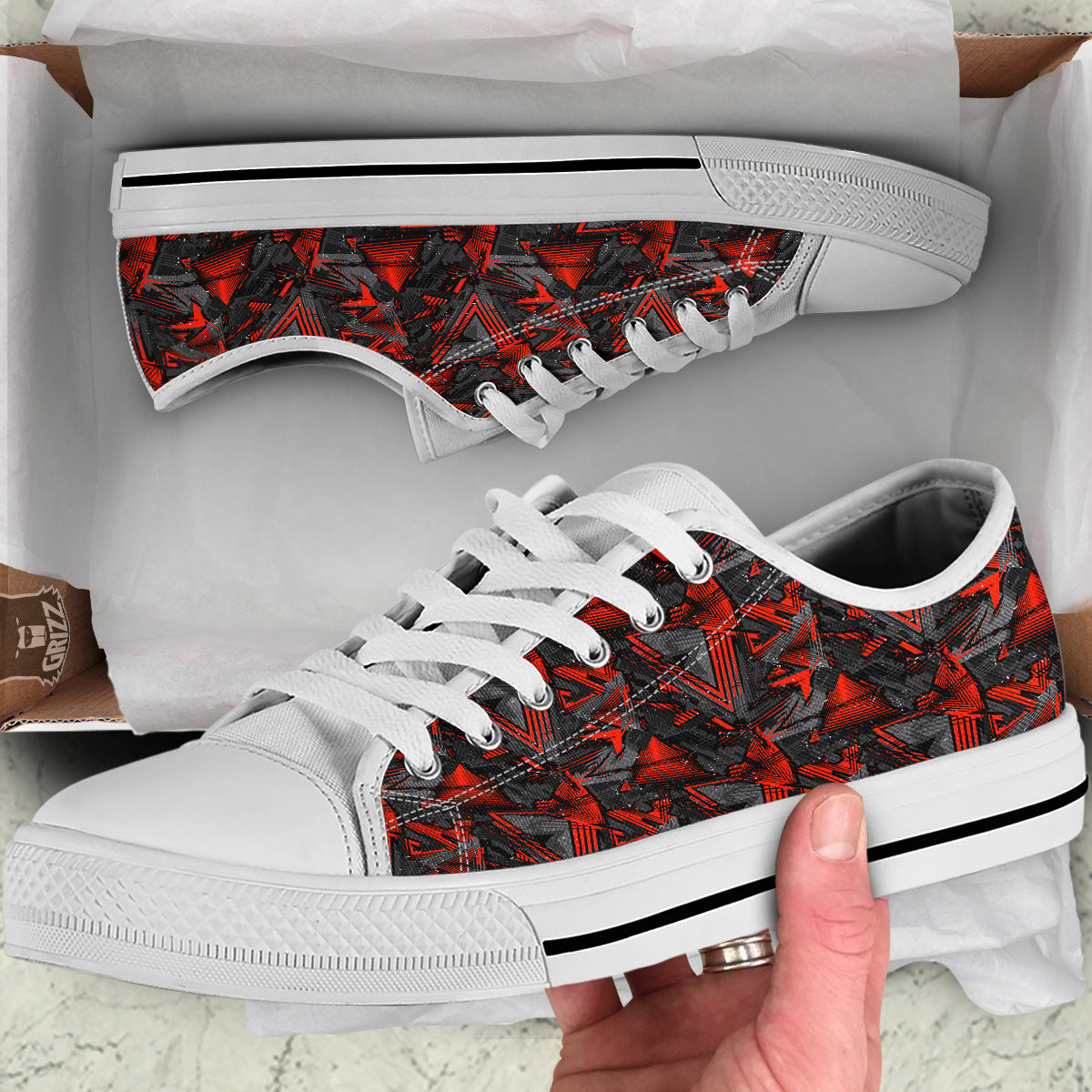 Red Abstract Grunge Print Pattern White Low Top Shoes-grizzshop