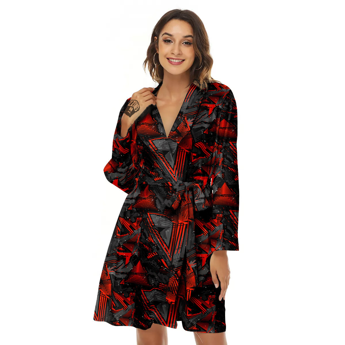 Red Abstract Grunge Print Pattern Women's Robe-grizzshop