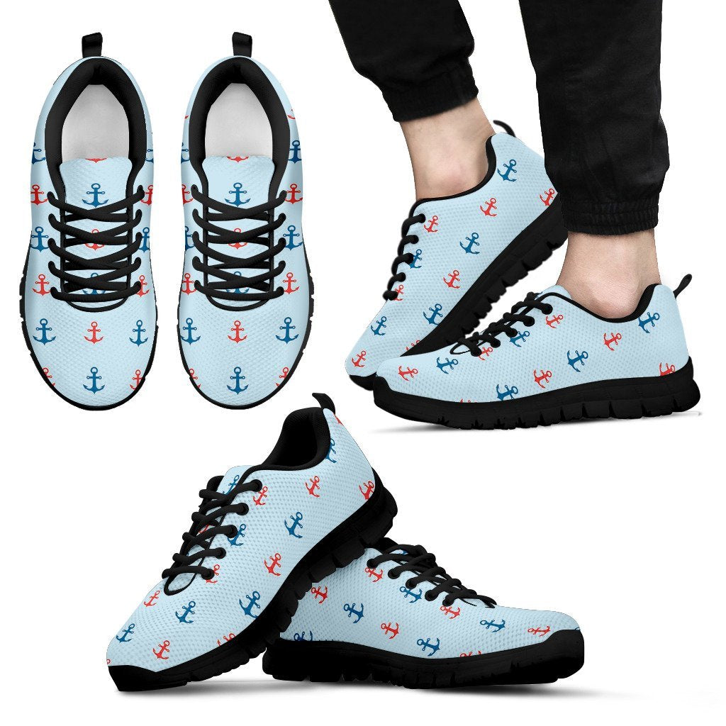 Red Anchor Nautical Pattern Print Black Sneaker Shoes For Men Women-grizzshop