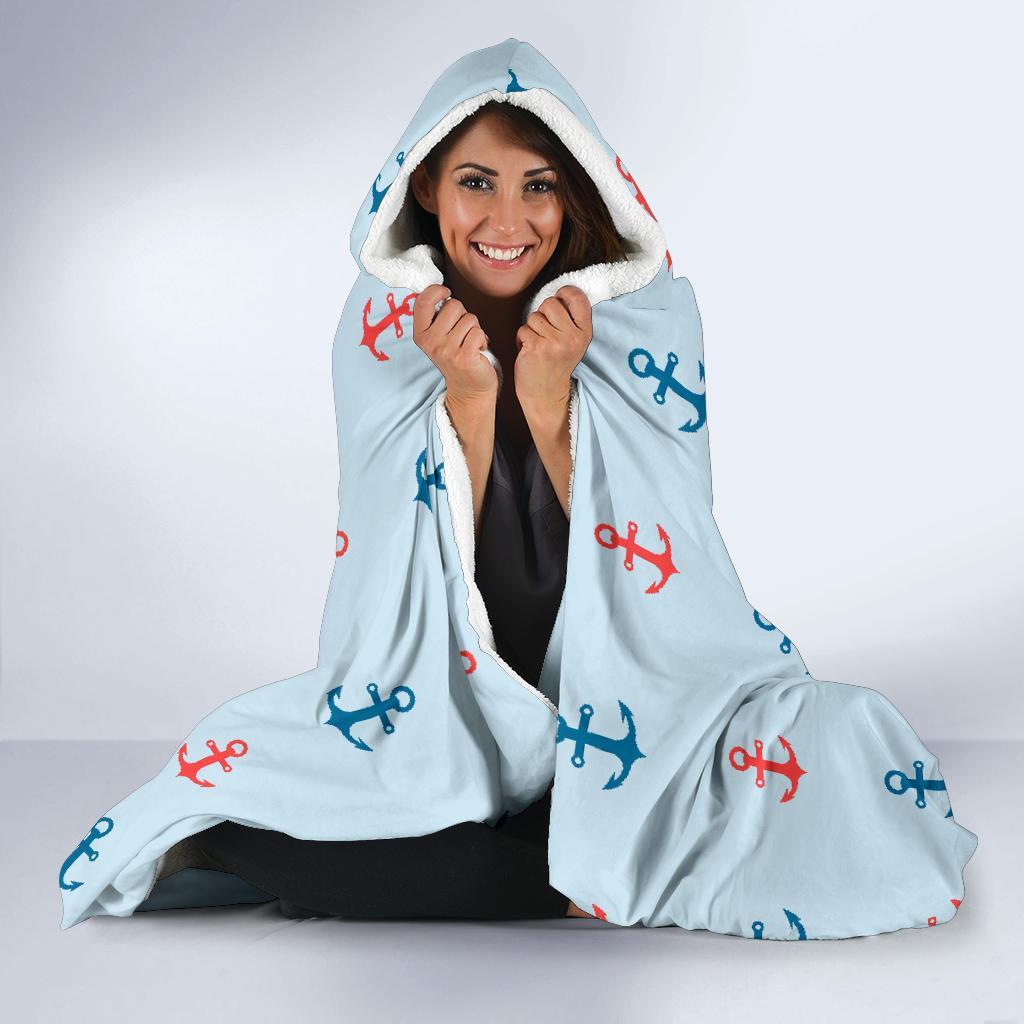 Red Anchor Nautical Pattern Print Hooded Blanket-grizzshop