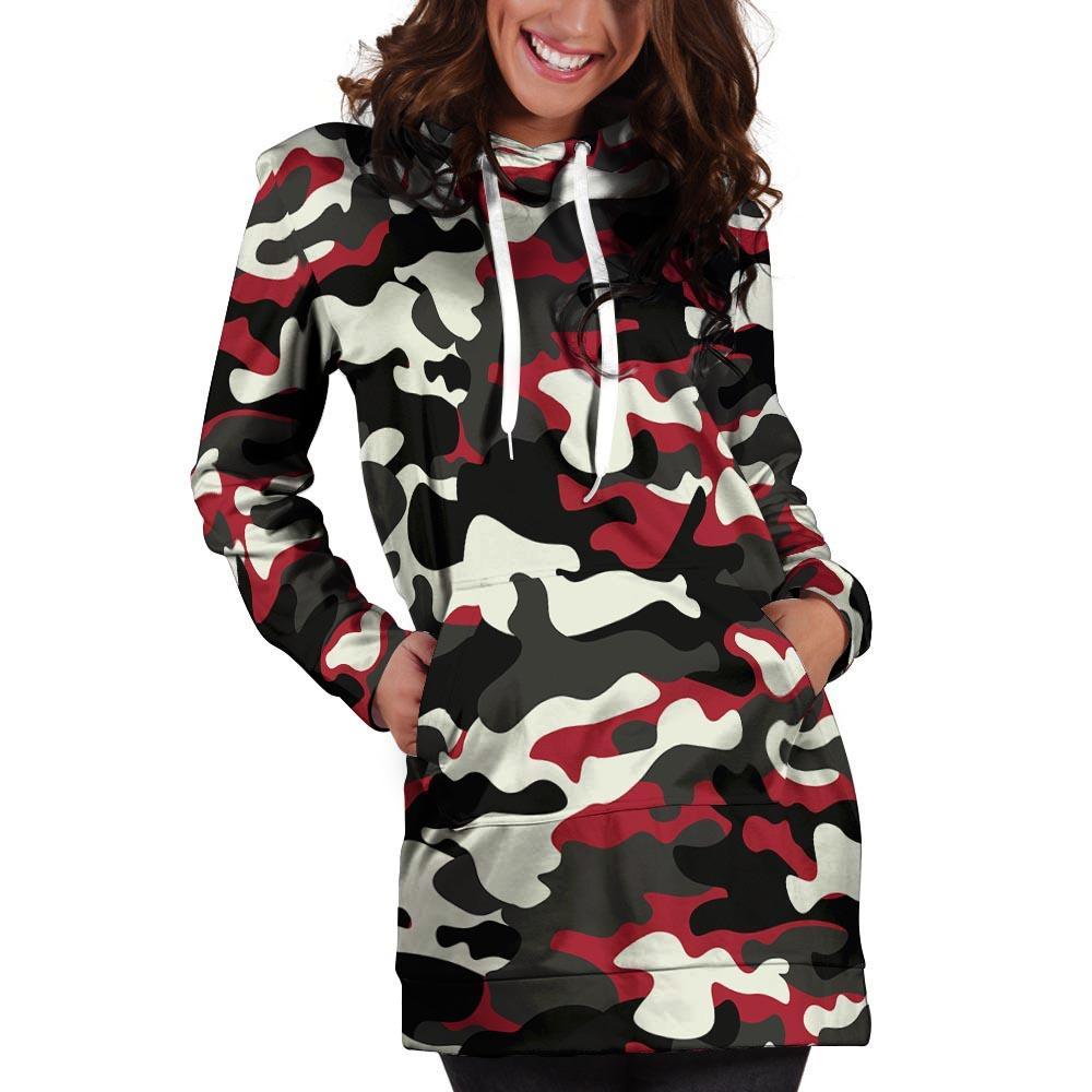 Red And Black Camouflage Print Hoodie Dress-grizzshop