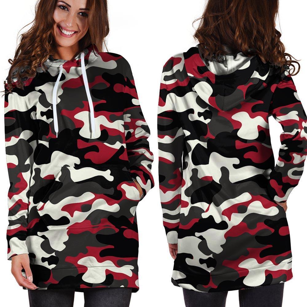 Red And Black Camouflage Print Hoodie Dress-grizzshop