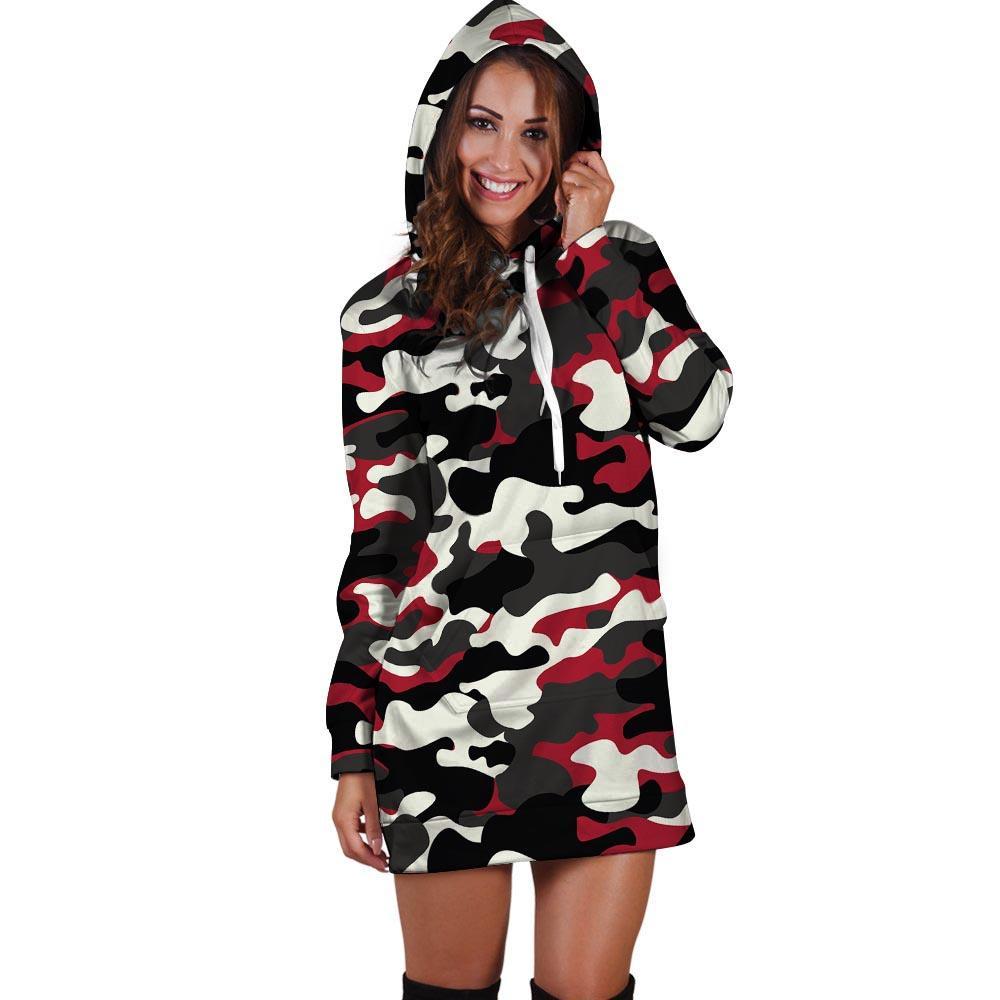 Red And Black Camouflage Print Hoodie Dress-grizzshop