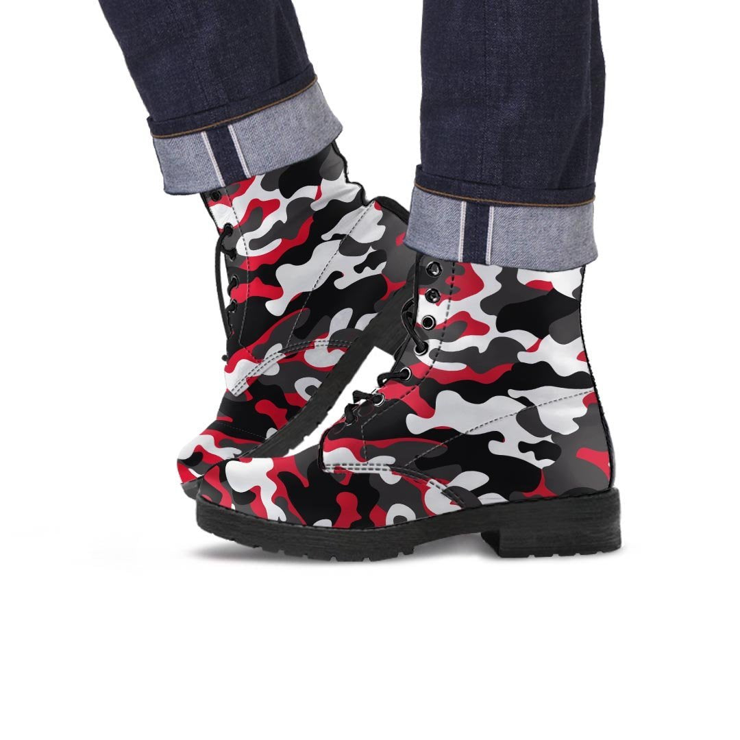 Red And Black Camouflage Print Men's Boots-grizzshop