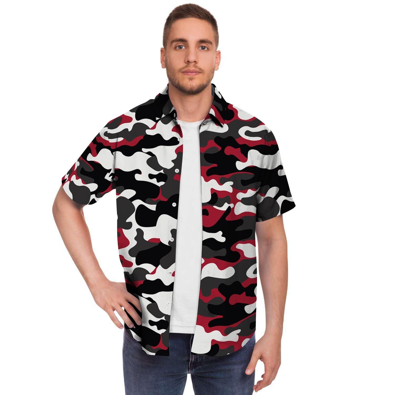 Red And Black Camouflage Print Men's Short Sleeve Shirt-grizzshop