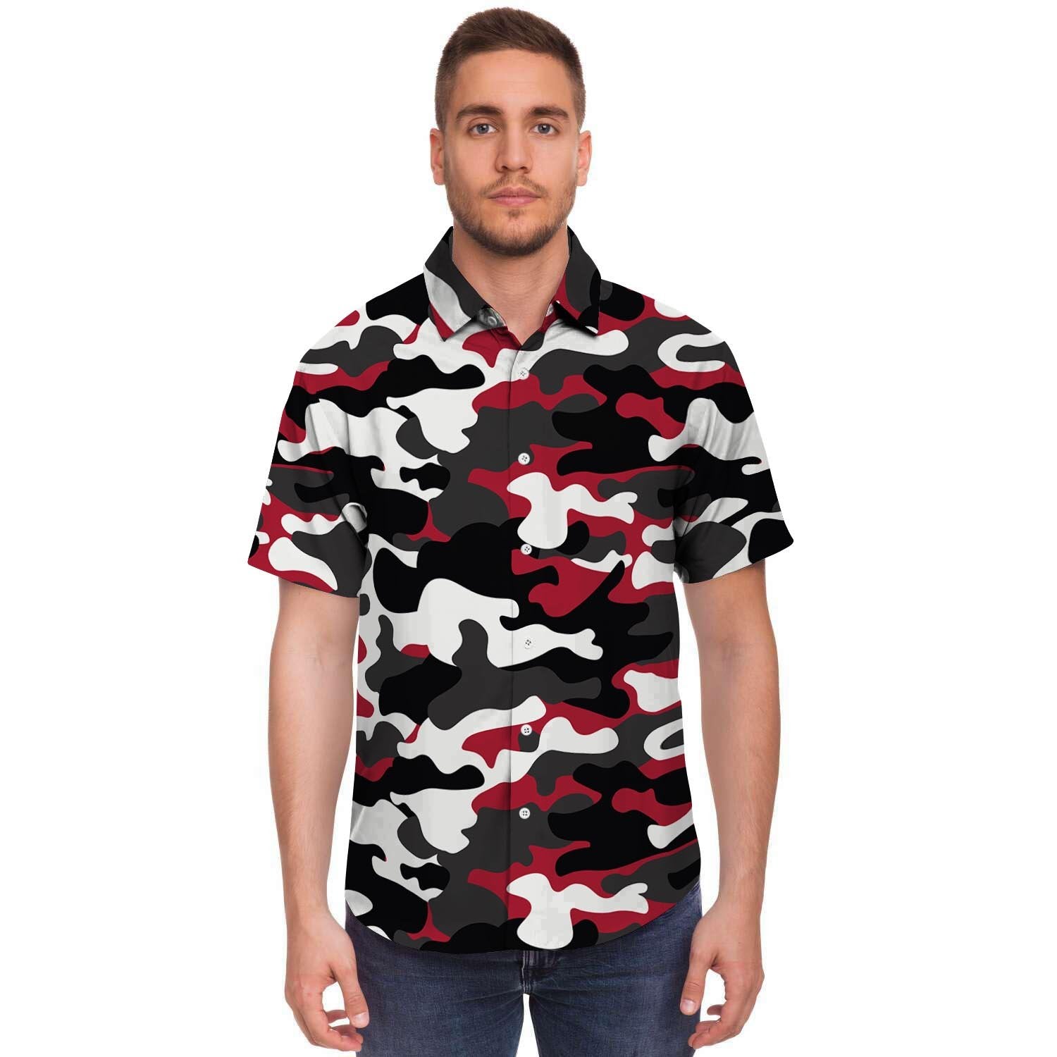 Red And Black Camouflage Print Men's Short Sleeve Shirt-grizzshop