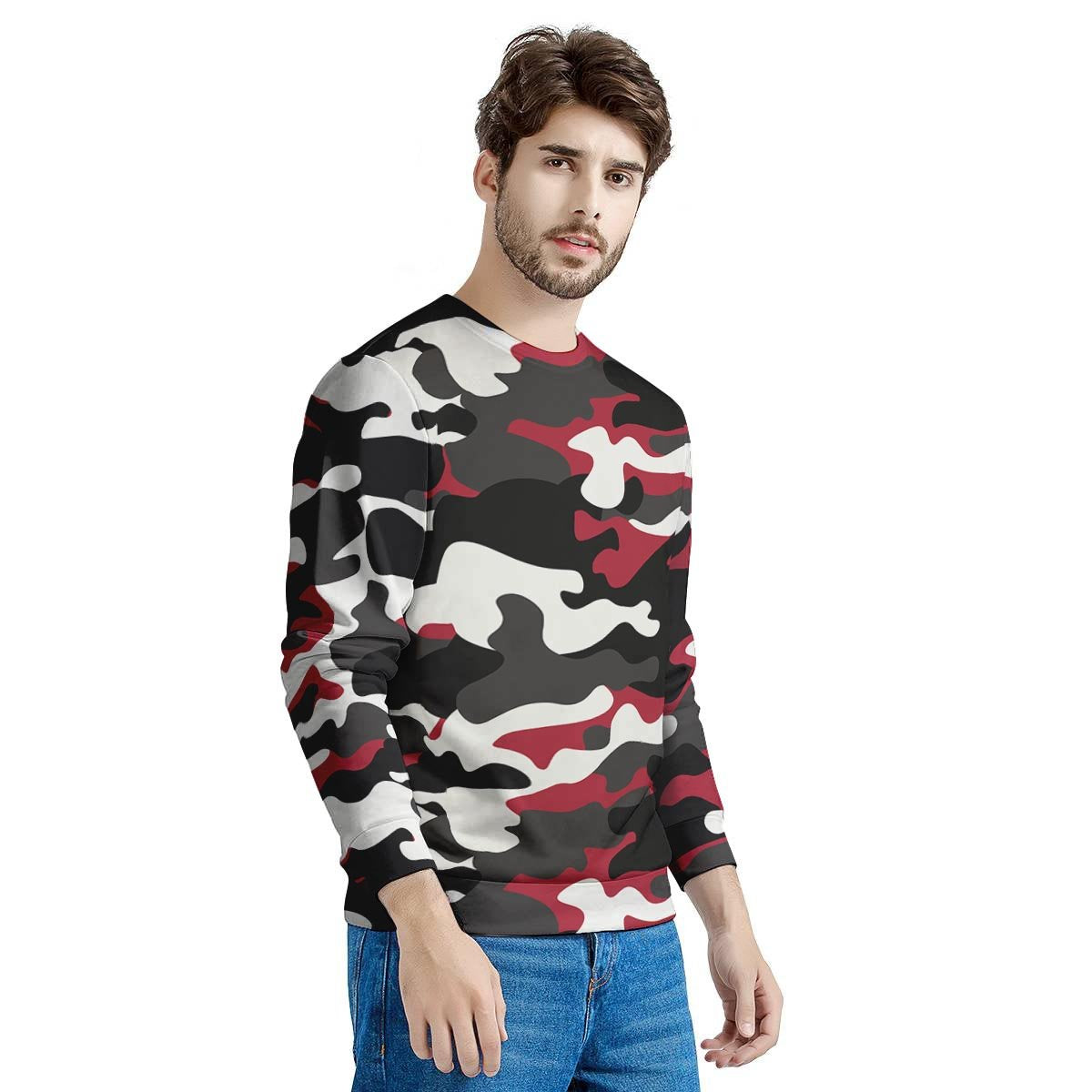 Red And Black Camouflage Print Men's Sweatshirt-grizzshop