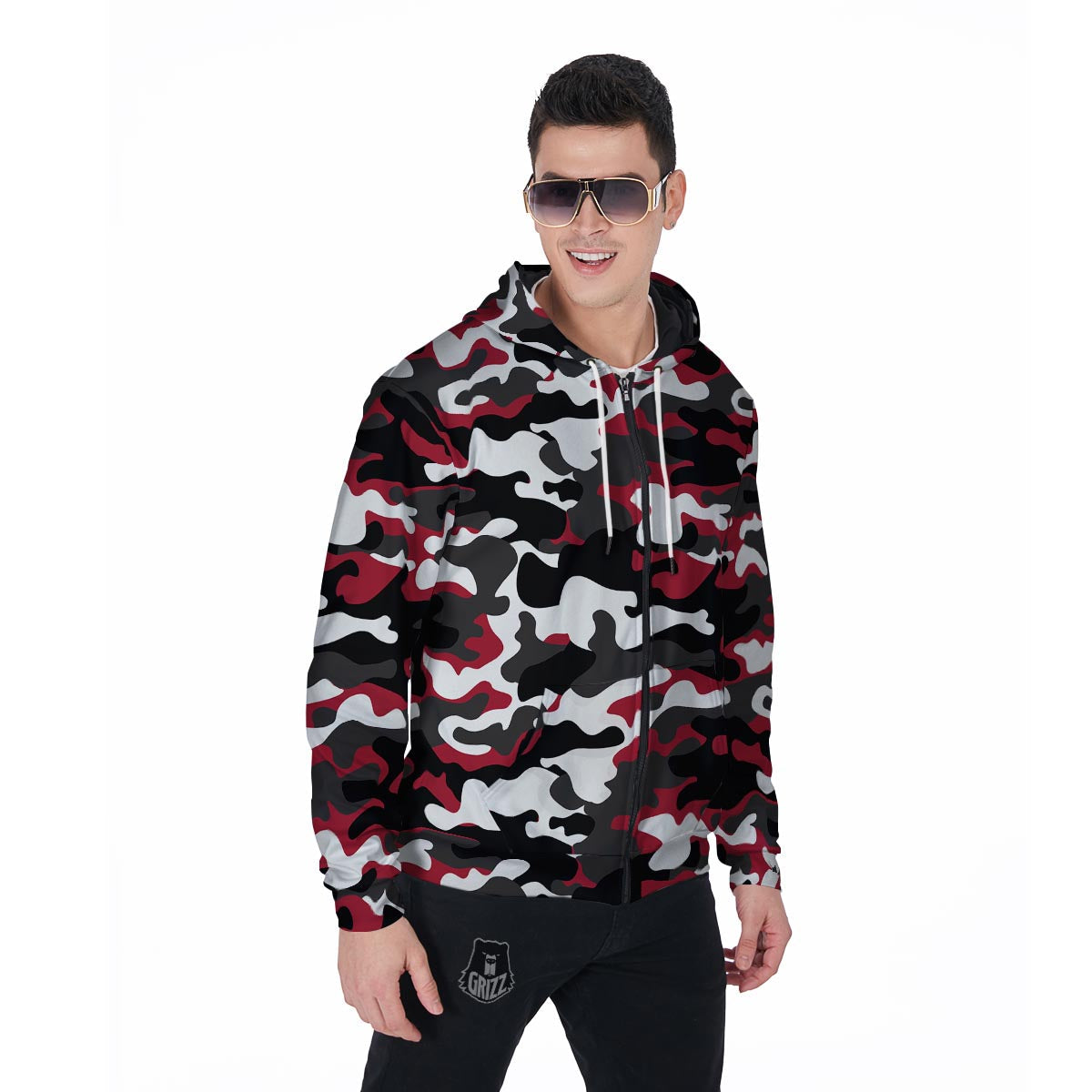 Red And Black Camouflage Print Men's Zip Up Hoodie-grizzshop