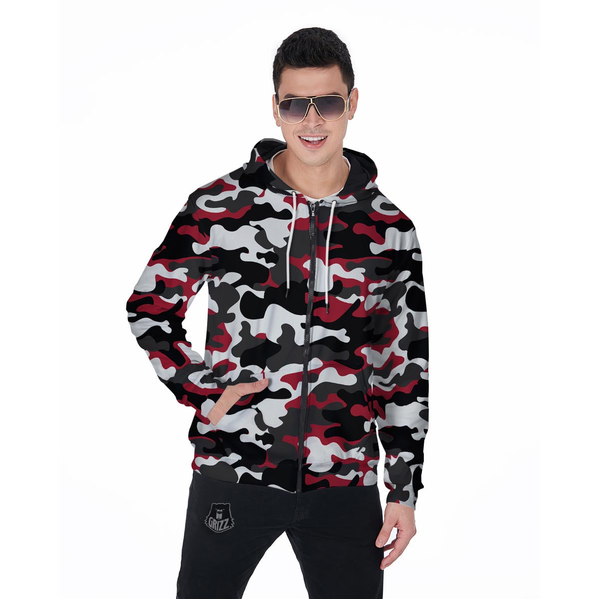 Red And Black Camouflage Print Men's Zip Up Hoodie-grizzshop