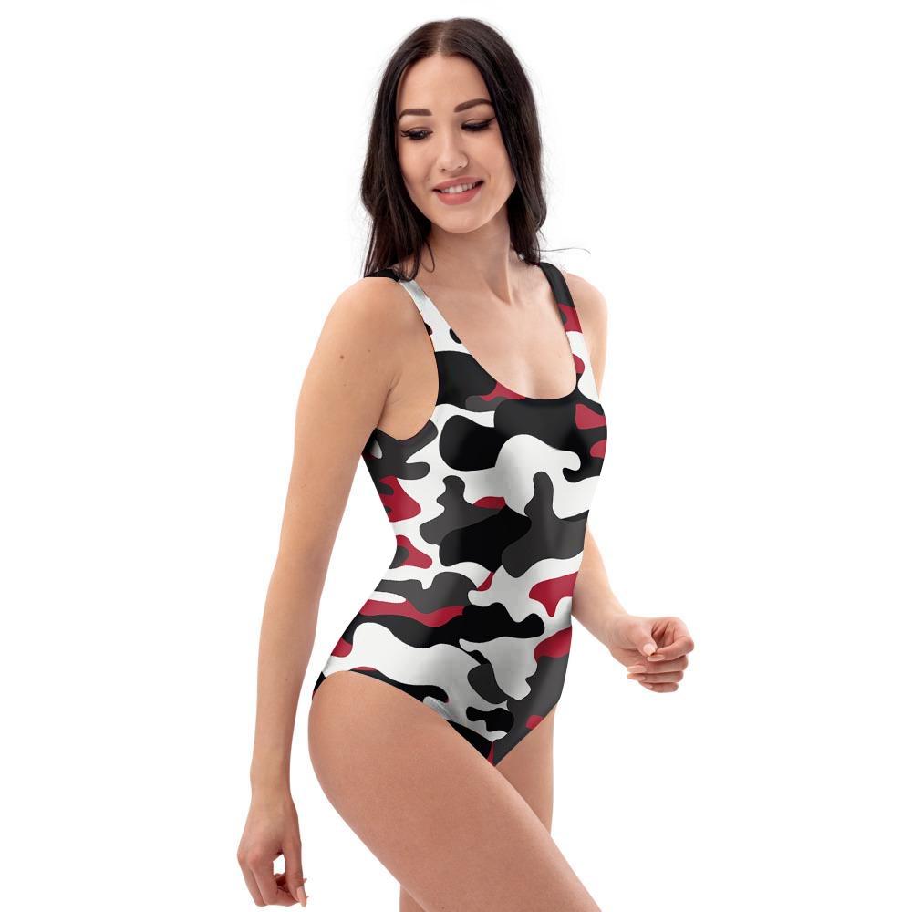 Red And Black Camouflage Print One Piece Swimsuite-grizzshop