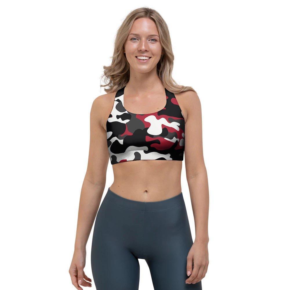 Red And Black Camouflage Print Sports Bra-grizzshop