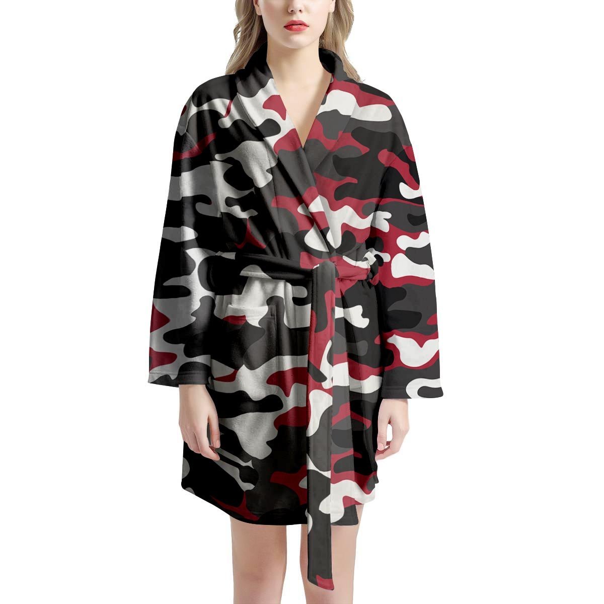 Red And Black Camouflage Print Women's Robe-grizzshop