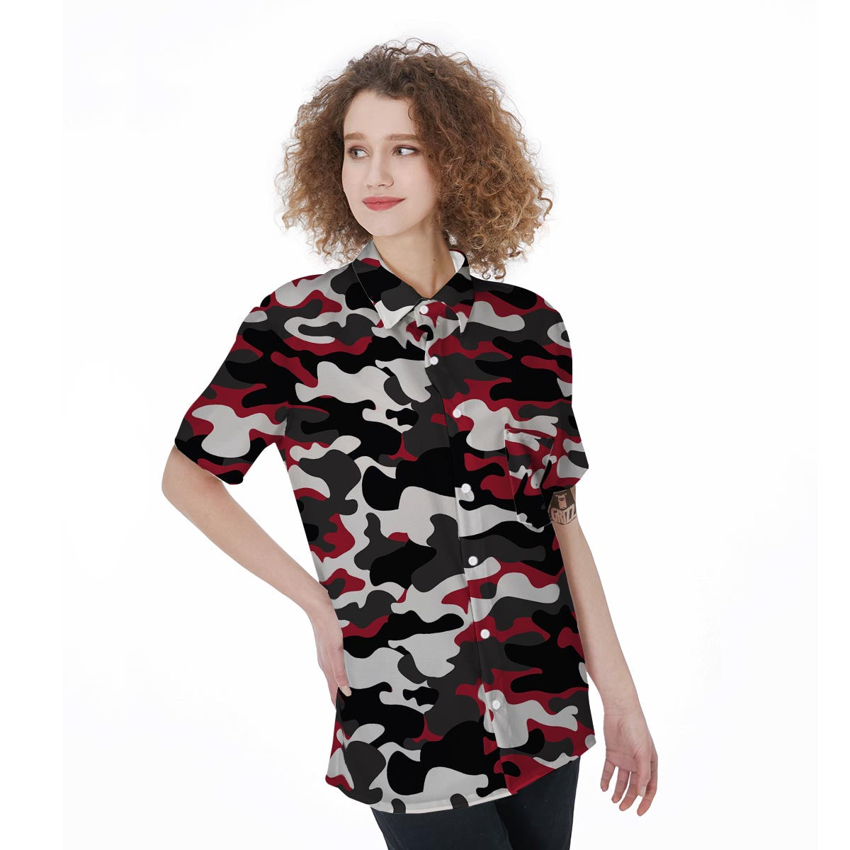 Red And Black Camouflage Print Women's Short Sleeve Shirts-grizzshop