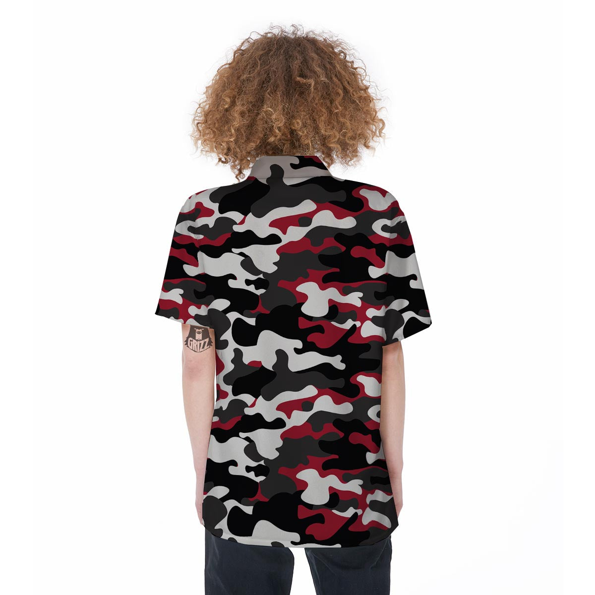 Red And Black Camouflage Print Women's Short Sleeve Shirts-grizzshop