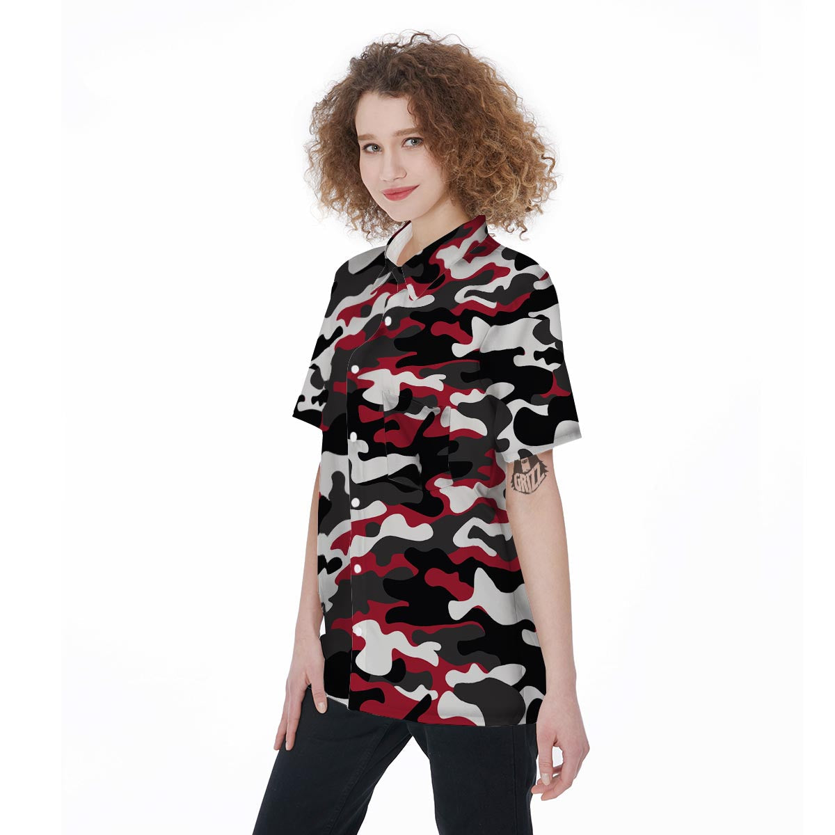 Red And Black Camouflage Print Women's Short Sleeve Shirts-grizzshop
