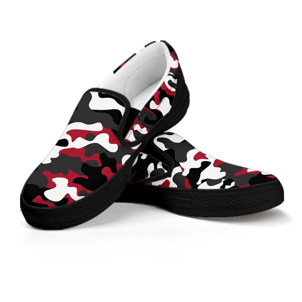 Red And Black Camouflage Print Women's Slip On Sneakers-grizzshop