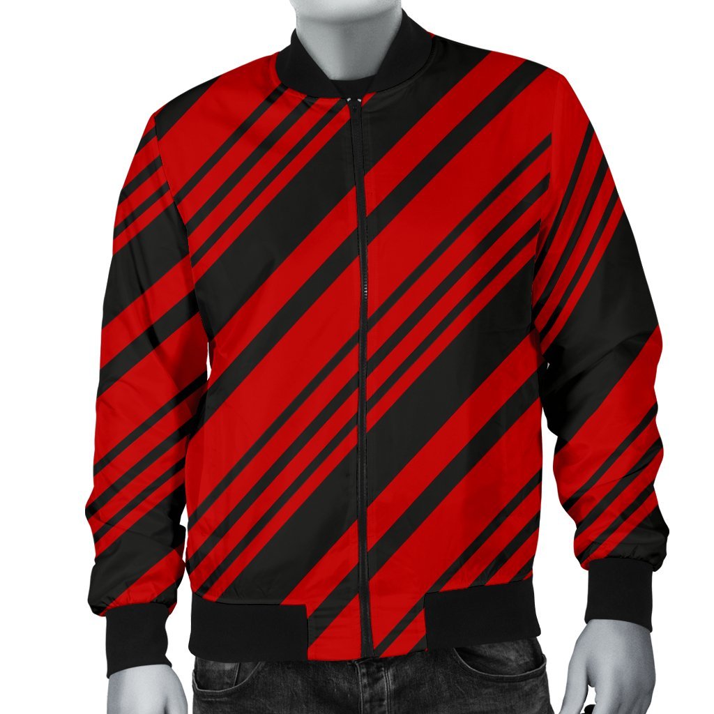 Red And Black Candy Cane Men Casual Bomber Jacket-grizzshop