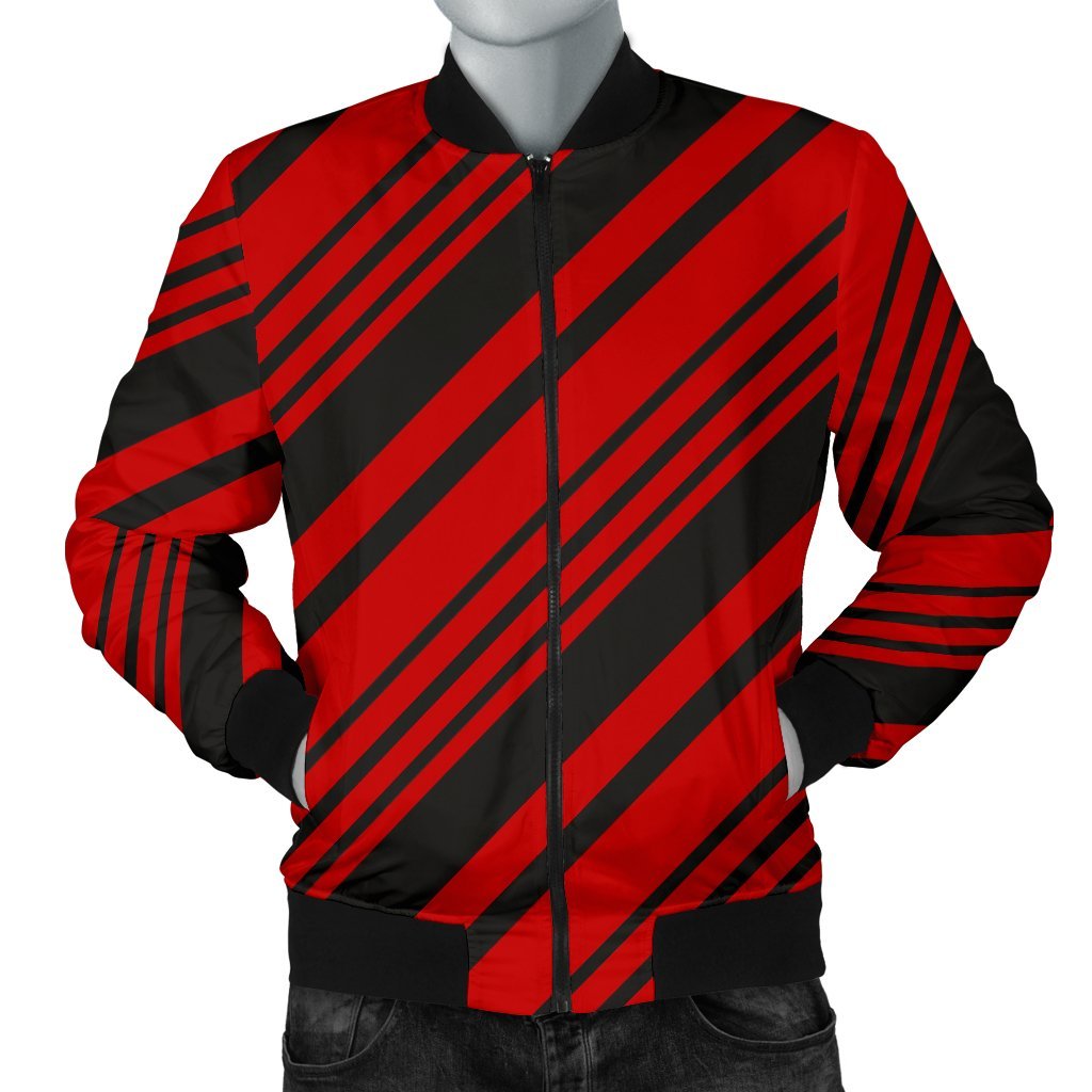 Red And Black Candy Cane Men Casual Bomber Jacket-grizzshop