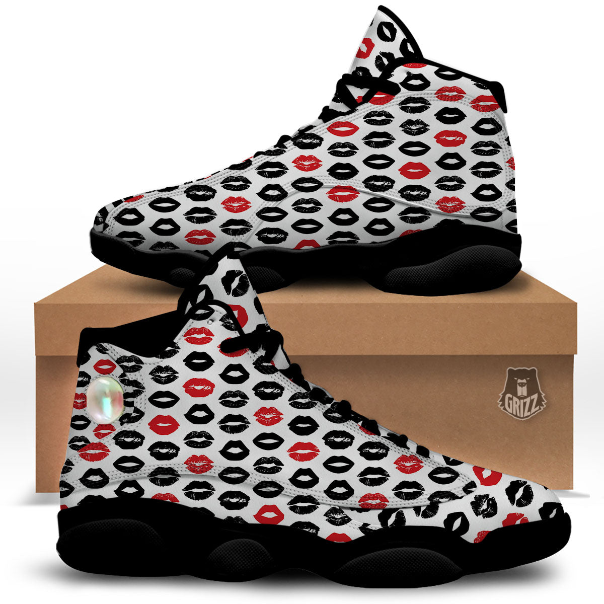 Red And Black Lips Print Pattern Black Basketball Shoes-grizzshop