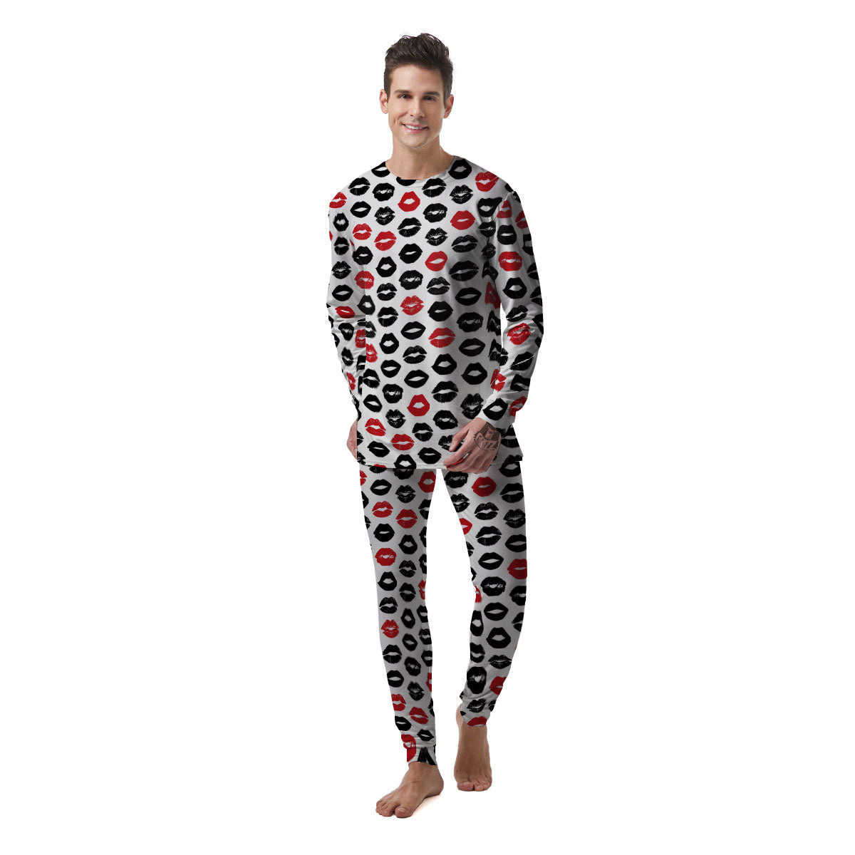 Red And Black Lips Print Pattern Men's Pajamas-grizzshop