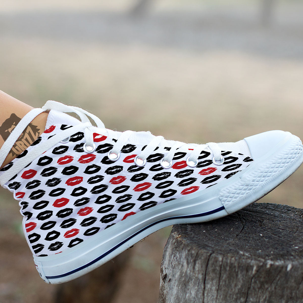 Red And Black Lips Print Pattern White High Top Shoes-grizzshop