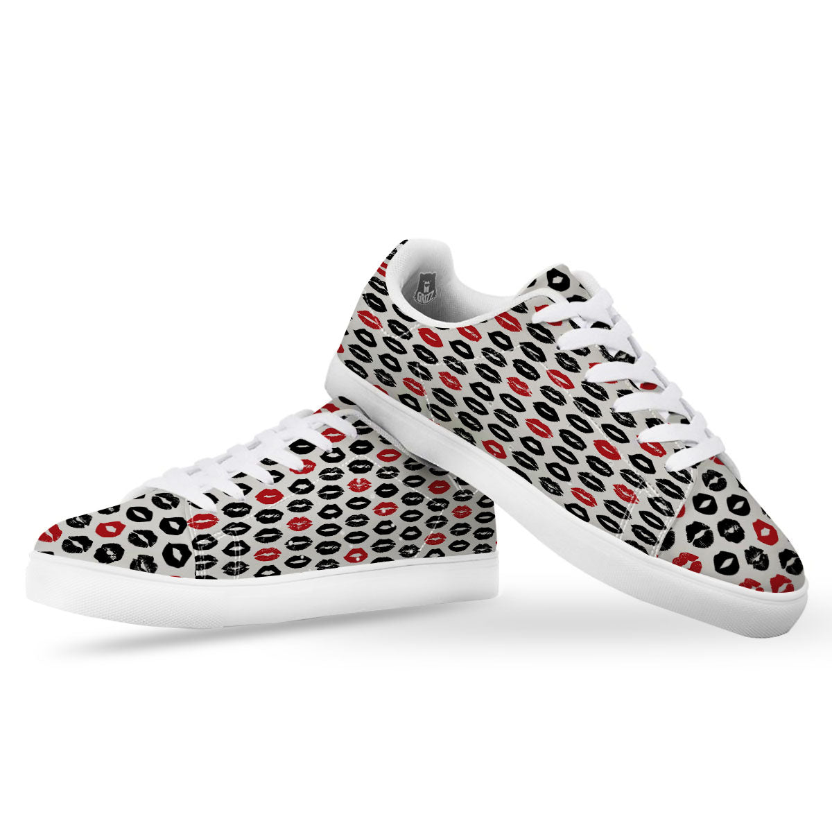Red And Black Lips Print Pattern White Low Top Sneakers-grizzshop