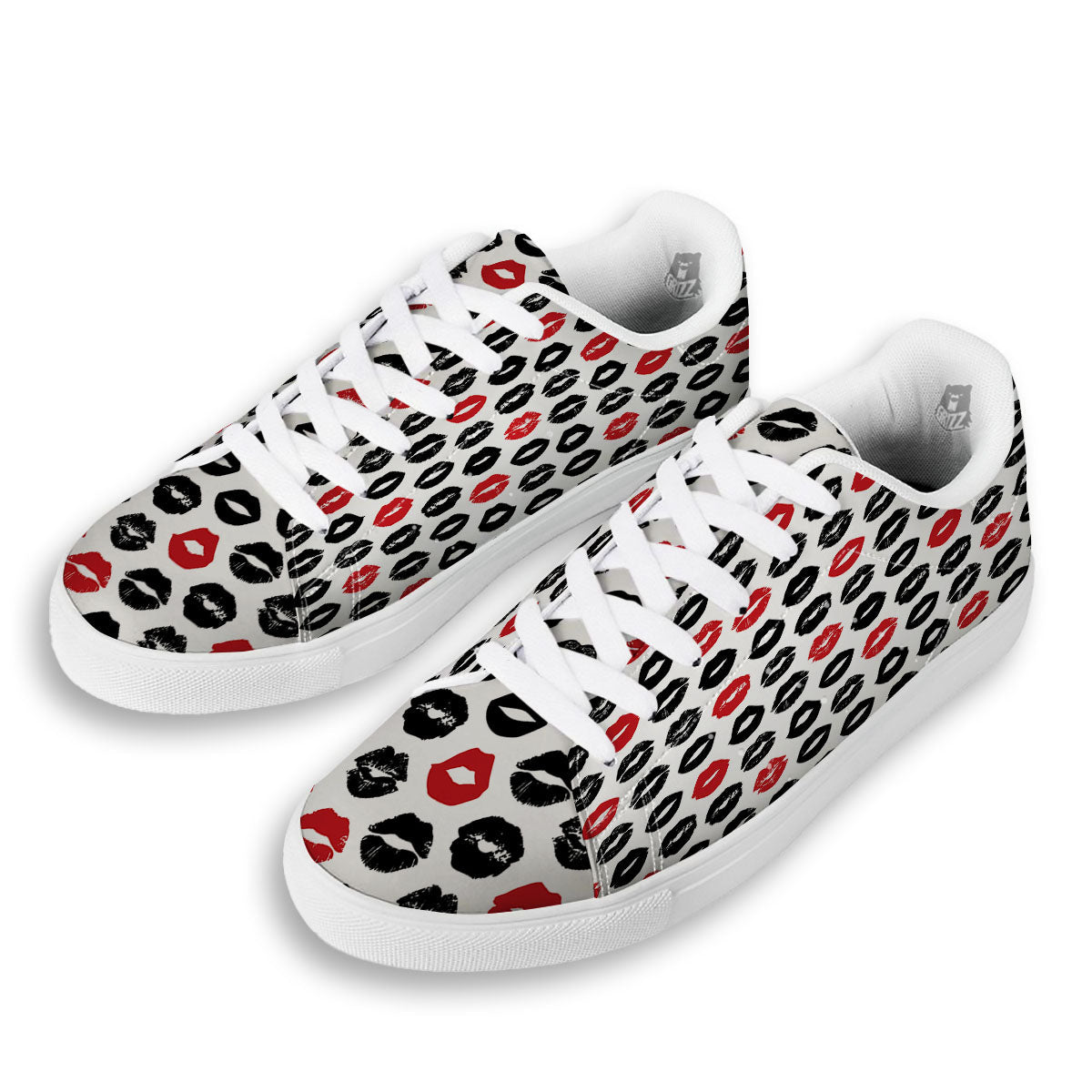 Red And Black Lips Print Pattern White Low Top Sneakers-grizzshop