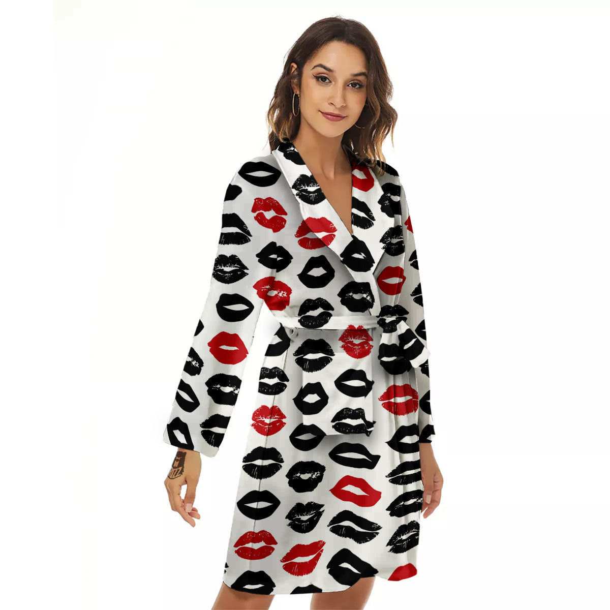 Red And Black Lips Print Pattern Women's Robe-grizzshop