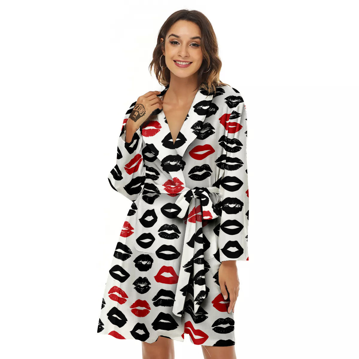 Red And Black Lips Print Pattern Women's Robe-grizzshop