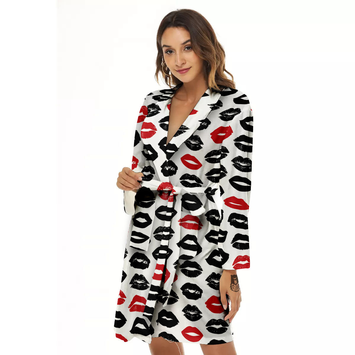 Red And Black Lips Print Pattern Women's Robe-grizzshop