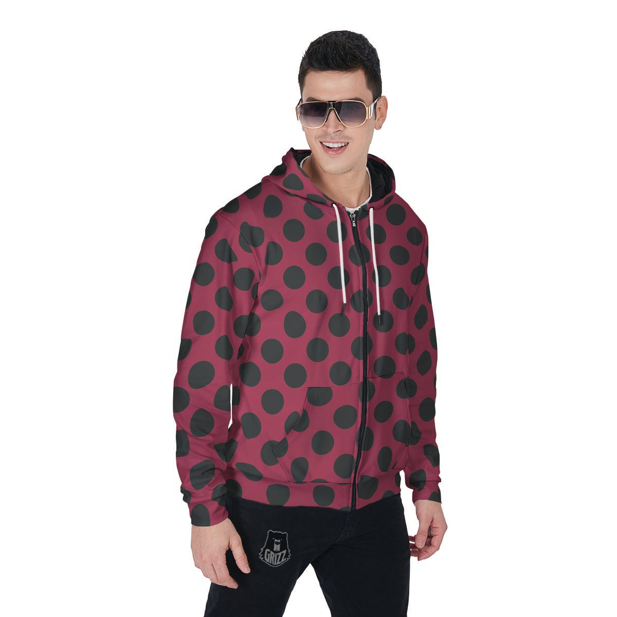 Red And Black Polka Dot Men's Zip Up Hoodie-grizzshop