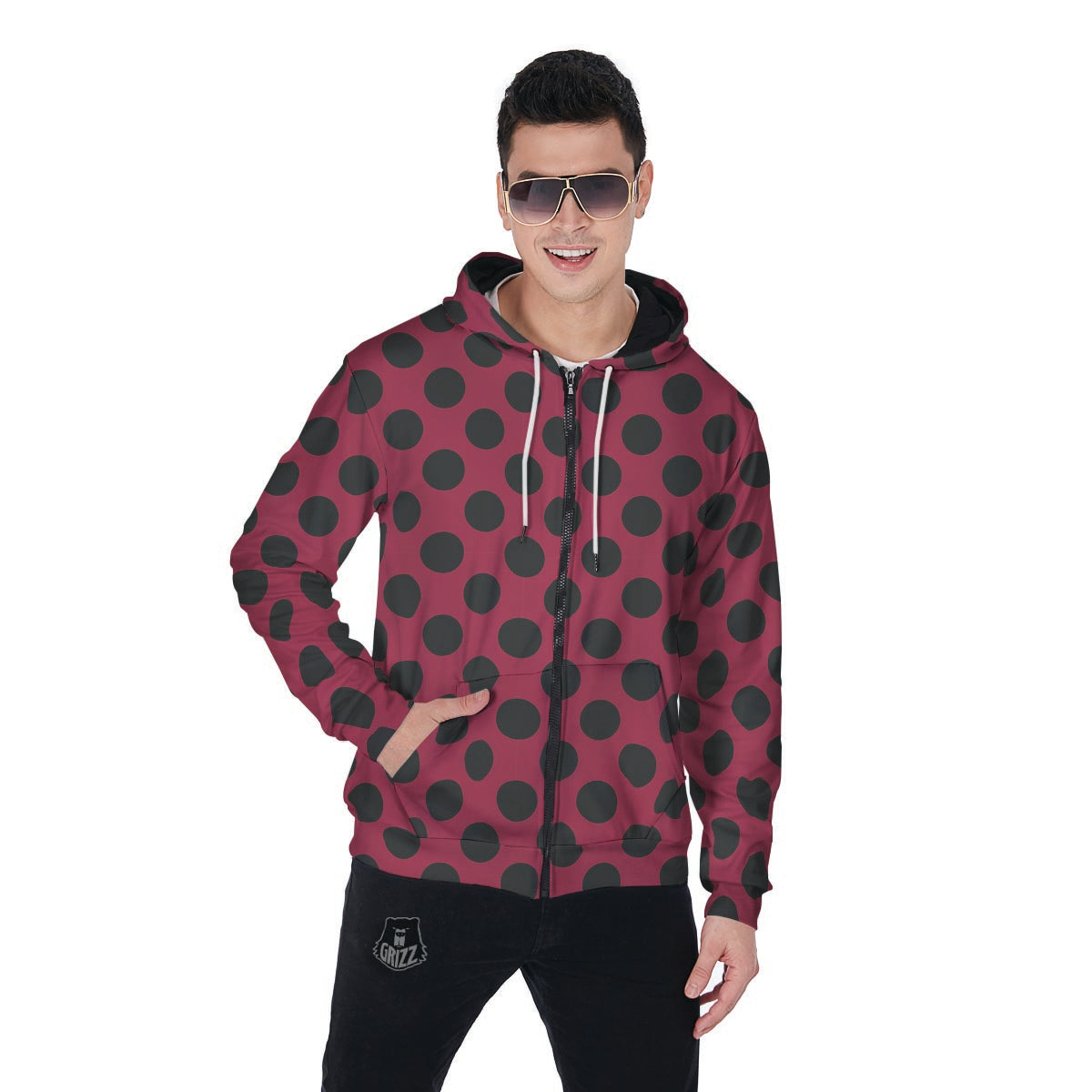Red And Black Polka Dot Men's Zip Up Hoodie-grizzshop