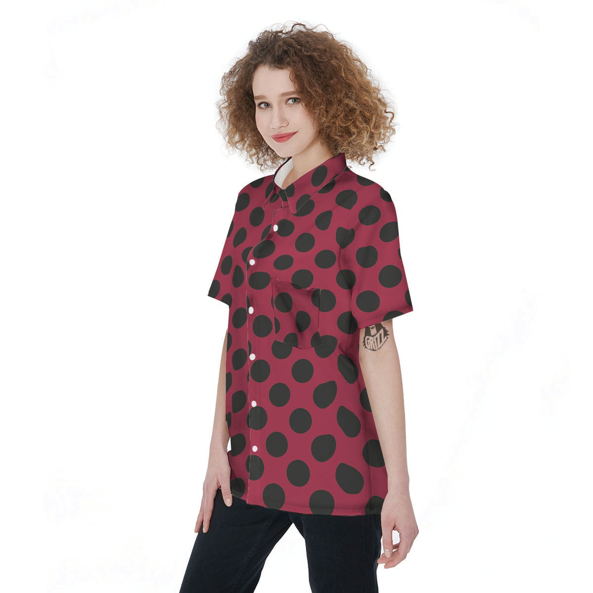 Red And Black Polka Dot Women's Short Sleeve Shirts-grizzshop