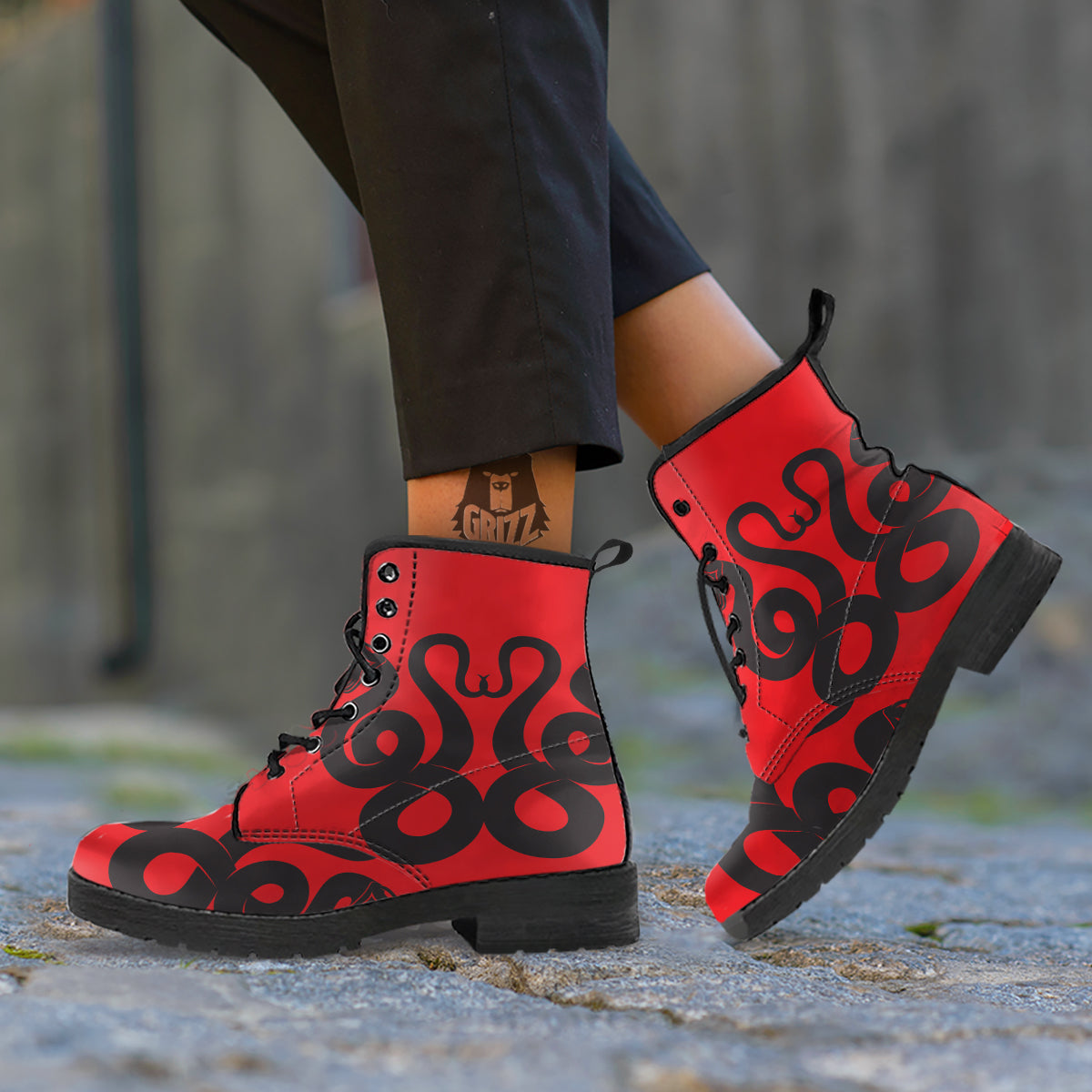 Red And Black Snakes Sign Print Leather Boots-grizzshop